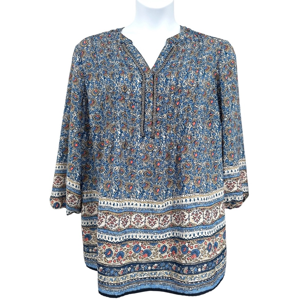 Westport 1962 Peasant Tunic Top Blue Floral Beaded V-Neck 3/4 Sleeves Women's 3X